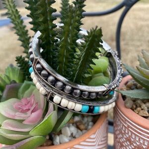 Silver and Turquoise Beaded Stretch Bracelets